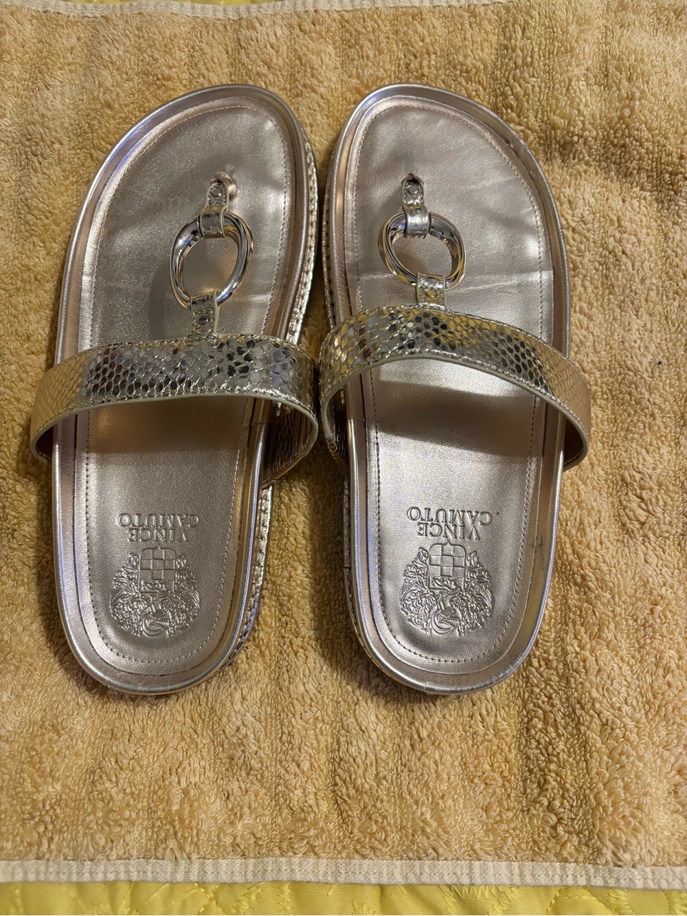Vince Camuto Metallic Gold Snake-Print Slide Sandals